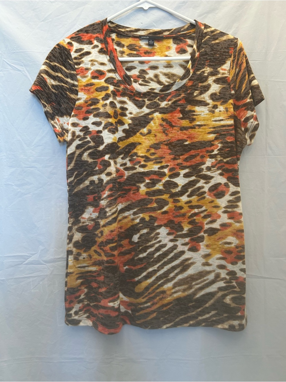 Chaus Short Sleeve Leopard Animal Print Tee in Brown Orange Yellow Sz L NWNT